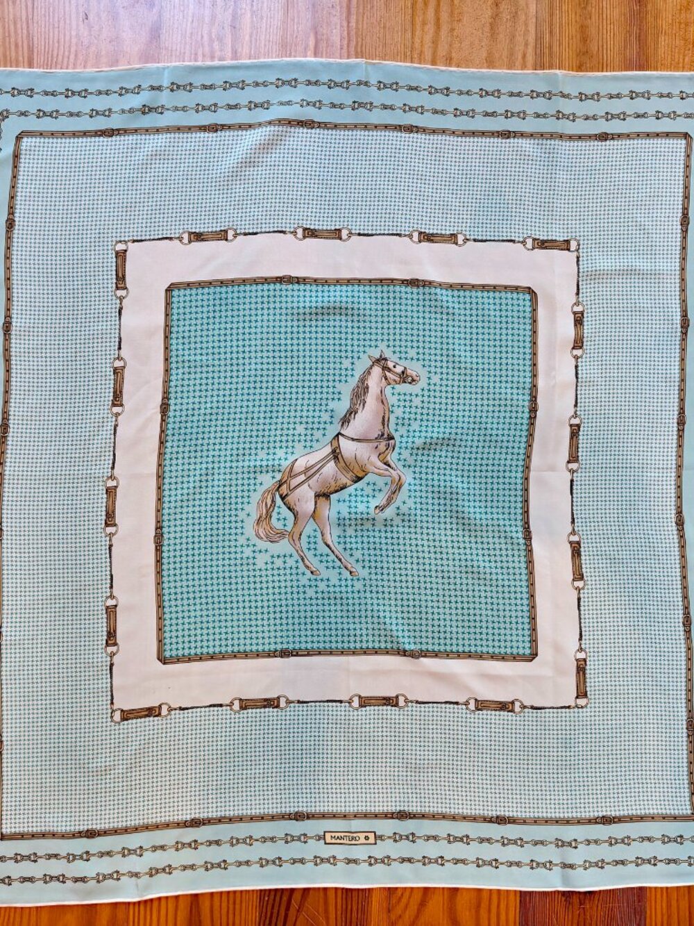 Vintage Mantero Silk Scarf Equestrian Horse Pastel Blue Cream Ivory Beige Italy